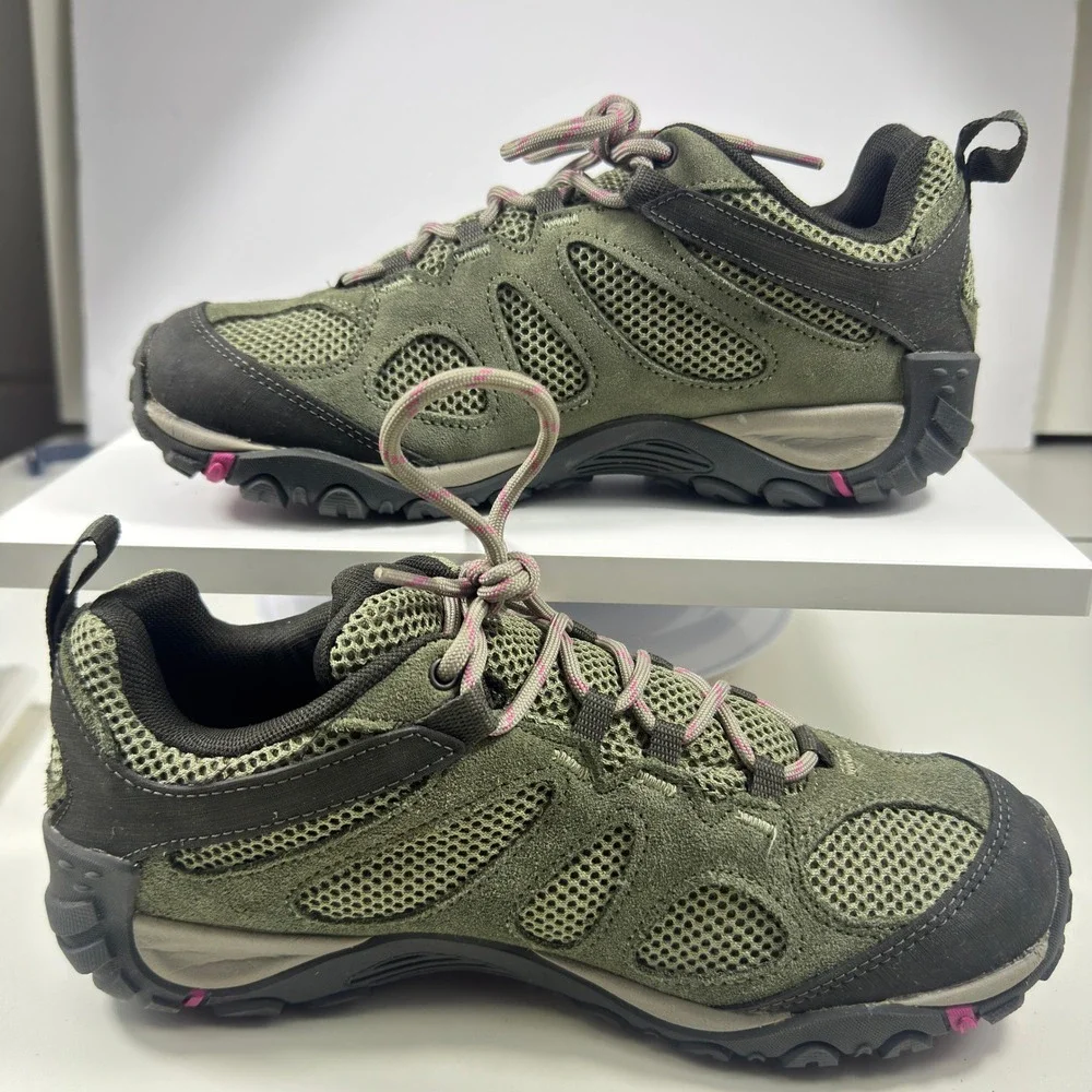 Merrell Alverstone Hiking Shoes Womens 9.5 Olive Green Pink Suede Mesh J135202